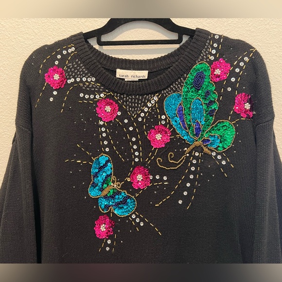 Vintage 80s Black Knit Sweater Dress Vibrant Sequin Butterflies Flowers Size 16 - Picture 3 of 6